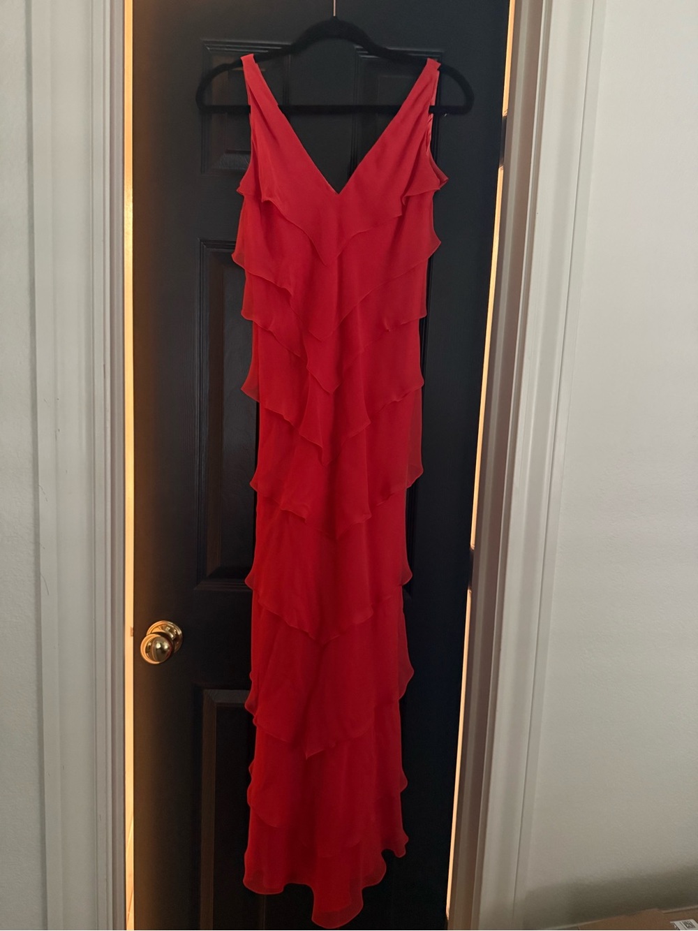Melinda Eng Vibrant Red Tiered Ruffle V-Neck Maxi Dress